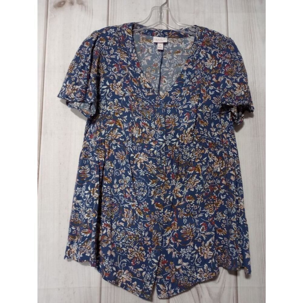 Isabel Maternity Blue Floral Button Front V-Neck Flutter Sleeve Top Medium